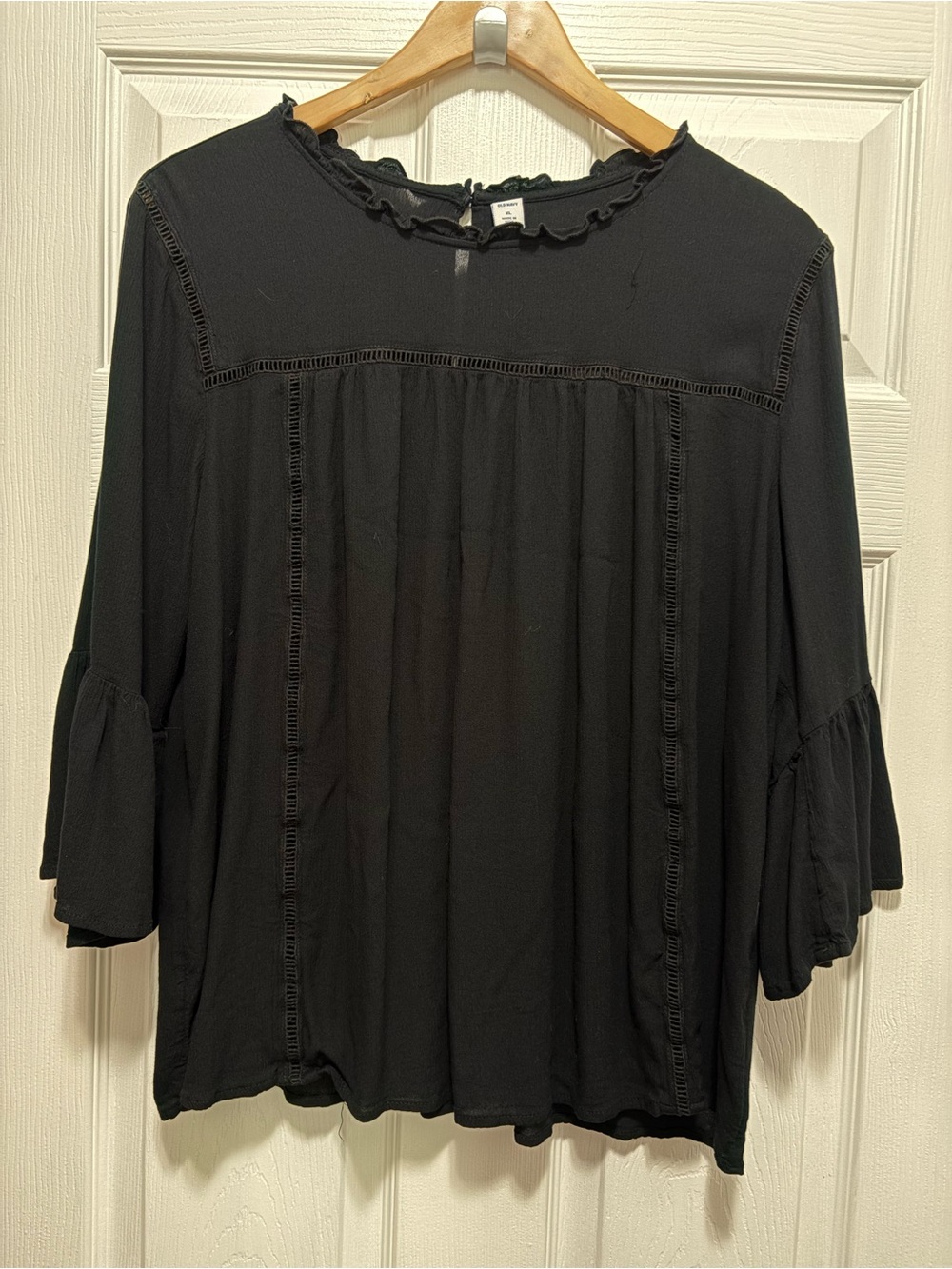 Old Navy Blouse Womens XL Black Bell Sleeve Ruffle Neck Boho Swing Top